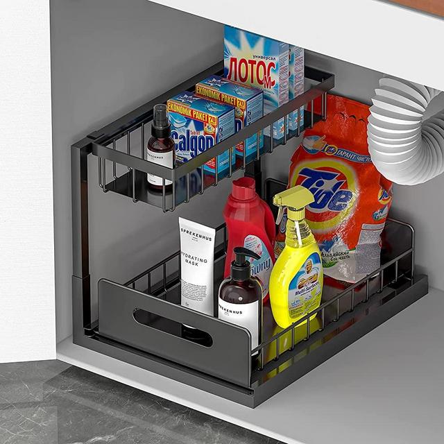 WZMYO Under Sink Organizers and Storage- L-Shape Heavy Duty Metal Slide Out Pull Out Drawers Under Cabinet Storage Around Plumbing, for Under Kitchen Bathroom Sink Organizers and Storage(Black)