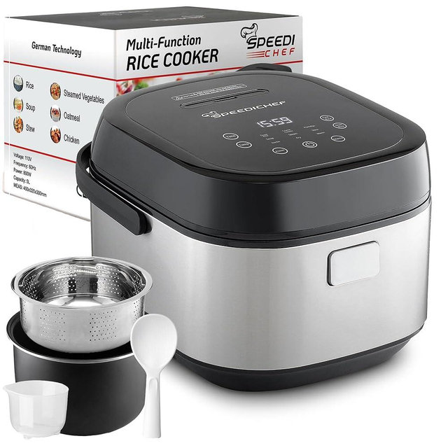 SPEEDICHEF 10-Cup Rice Cooker with Steamer Basket | Smart Rice Maker with Easy-to-Clean Nonstick Inner Pot | Delay Timer & Keep Warm Settings | Non-Toxic & BPA-Free | Ideal for Family Meals, Stainless Steel