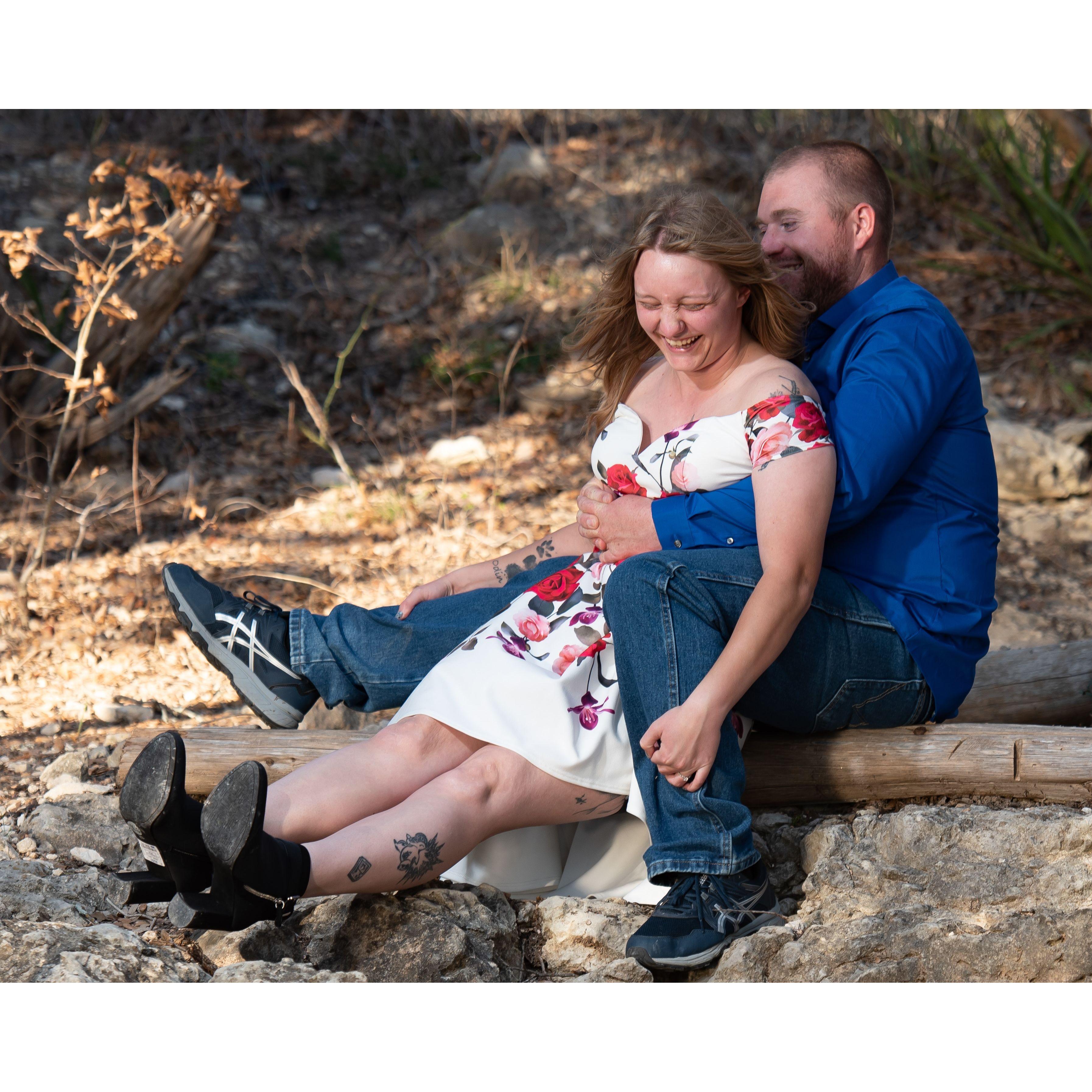 Engagement photo shoot mishap. I was falling off the log and Bryland had to catch me.