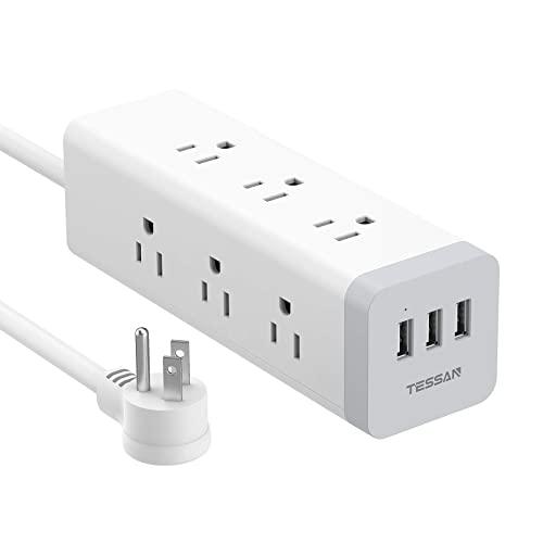 TESSAN Long Power Strip Surge Protector, Flat Plug Desktop Charging Station with 9 AC Outlets and 3 USB Ports, 6.5 FT Mountable Extension Cord 15A 1875W for Home, Office, Grey