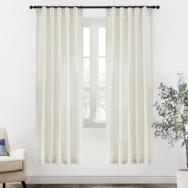 XTMYI 78 Inch Long Linen Sheer Curtains,2 Panels Set Back Tab Pleated Boho Light Filtering Semi Sheer Curtains for Sliding Glass Door,Cream Ivory,40x78 in Length