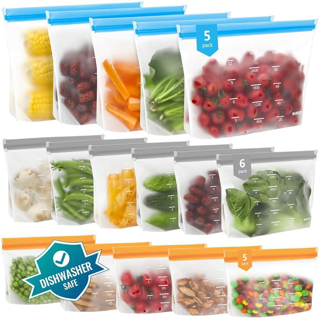 Dishwasher Safe Reusable Storage Bags Stand Up - BPA Free Reusable Sandwich Bags - Leakproof Gallon Freezer Bags, Silicone Food Storage Bags - Multicolor 5 Gallon + 6 Sandwich + 5 Snack Bags