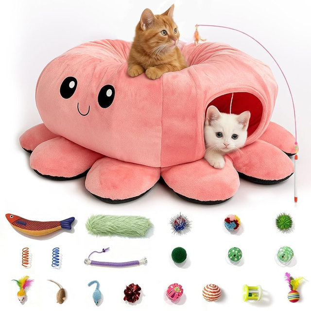 VIEFIN Cat Tunnel Bed with 20 Cat Toys, Collapsible Play Tunnel for Indoor Cats, Kitten Toys for Indoor Kittens, Octopus Shaped