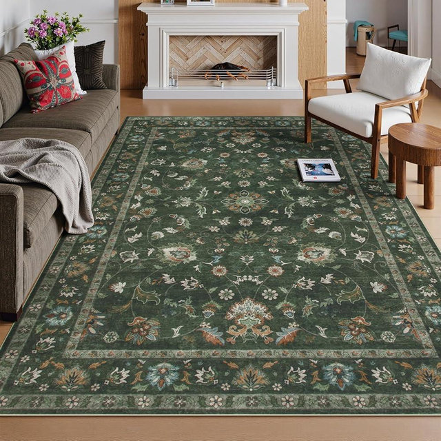 Hedlive Vintage Floral Dark Green Area Rug 6x9, Ultra Thin Washable Rugs for Living Room Bedroom, Boho Stain Resistant Dining Room Rug, Soft Large Green Carpet for Farmhouse Foyer