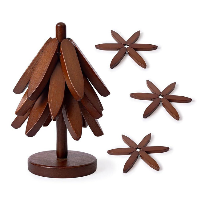 Wooden Trivets for Hot Dishes, Tree Shape Set, Best for Hot Dishes - 3 Wooden Trivets + 1 Stand stored Like a Christmas Tree (Deep Brown Wood)