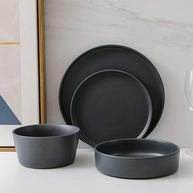 Stone Lain Celina Stoneware 16-Piece Dinnerware Set, 2B, Grey, Service For 4, 7-inch Pasta Bowl