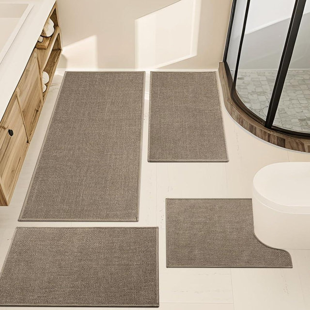 YIHOUSE Brown Bathroom Rug Sets 4 Piece, Dark Beige Absorbent Bath Mat for Bath Room Non Slip Washable,Bathroom Mat Quick Dry, Thin Bath Rug Set for Toilet and Floor