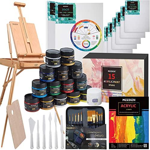 MEEDEN Great Deluxe Value Acrylic Painting Kit with French Style Easel, 15×100ML(3.38 oz) Acrylic Paints, 10xAcrylic Paintbrushes, 2xStretched Canvas, 6xCanvas Panels, Nice Gift for Artists, Beginners