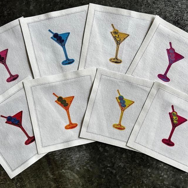 Retro Martini Cotton Cocktail Napkins, Bar Cart Decor, Napkin Set, Pool Party, Retro Martini, One-time Use, 16 napkins per box