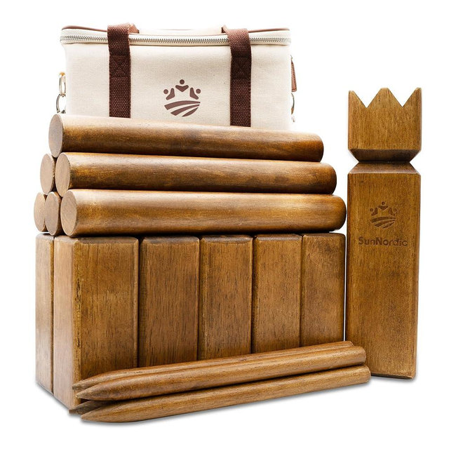 SunNordic Kubb Yard Game Set, Garden Rubber Wood Toss Game, Includes 1 x Military Canvas Carry Bag with Handle & Shoulder Strap, Giant Clash Viking Chess Game for Kids, Adults & Outdoor Backyard Lawn