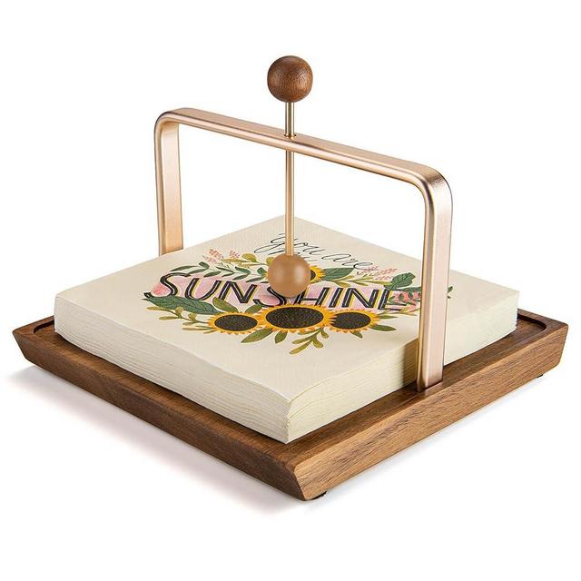 Wood Napkin Holder for Table, Square Tabletop Napkin Dispenser with Sophisticatedly Metal Center Bar, cocktail napkin holder for Home, Kitchen, Office, Restaurant, Hotel, Cafe, Bar