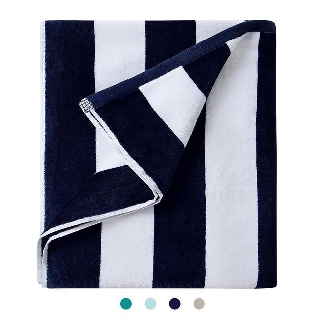 LULUHOME Plush Oversized Beach Towel - Fluffy Cotton 36 x 70 Inch Navy Blue Striped Pool Towel, Large Summer Swimming Cabana Towel