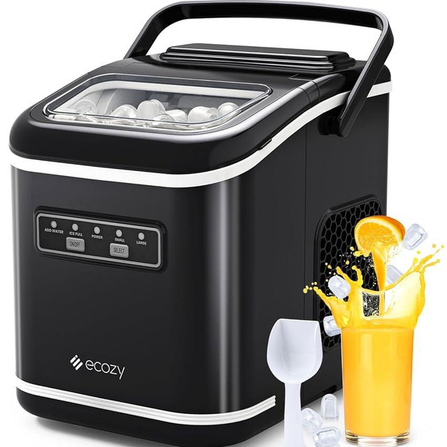 Ecozy Countertop Ice Maker, Portable, Self-Cleaning, 9 Bullet Ice Cubes in 6 Mins, 26lbs/24Hrs, Ice Maker Machine with Ice Bags, Handle, Standing Scoop and Basket, Black, IM-BS261C