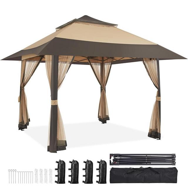 Yaheetech 13x13 Pop Up Gazebo Outdoor Canopy Shelter, Instant Patio Gazebo Sun Shade Canopy Tent with 4 Sandbags, Double Tiers & Mesh Netting for Lawn, Garden, Backyard & Deck, Khaki
