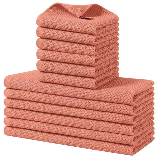 Homaxy 100% Cotton Kitchen Towels and Dishcloths Set, 12 x 12 Inches and 13 x 28 Inches, Set of 12 Bulk Kitchen Towels Set, Ultra Soft Absorbent Dish Cloths for Washing Dishes, Coral