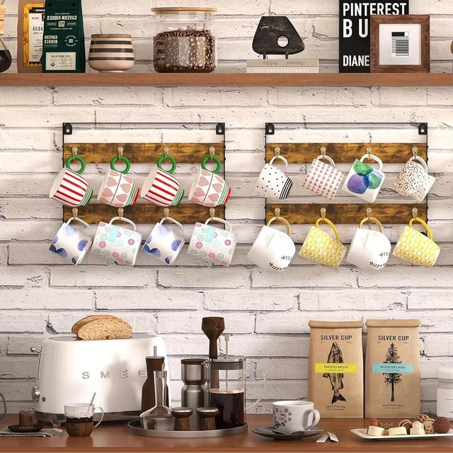 Coffee Mug Holder Wall Mounted - Coffee Cup Holder with 16 Mug Hooks, Rustic Wood Coffee Mug Organizer Hanger Display Shelf for Wall Mount, Coffee Mug Rack for Kitchen, Home, Coffee Bar, Office