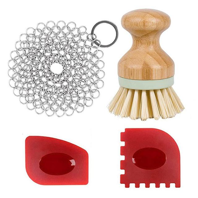 Cast Iron Cleaner kit, Wood Scrub Cleaning Brush, Stainless Steel Chainmail Scrubber, Pan Scrapers, Kitchen Cleaning