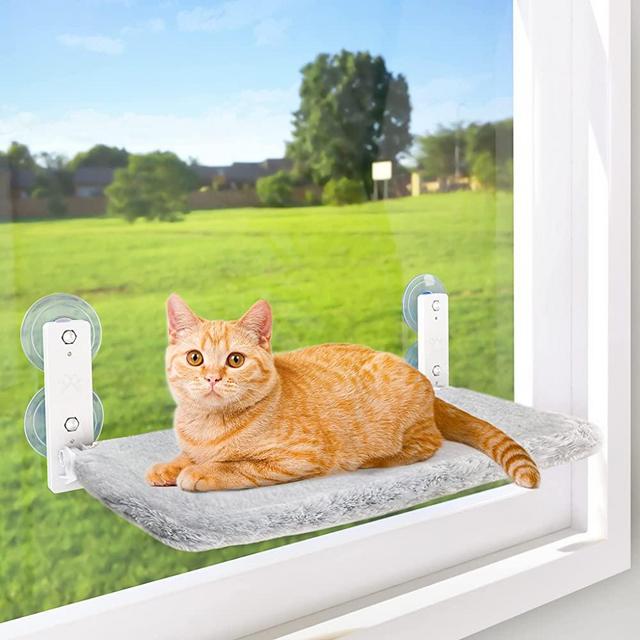 AMOSIJOY Cordless Cat Window Perch, Cat Hammock for Wall with 4 Strong Suction Cups, Anchors&Screws for Two Types of Installation, Solid Metal Frame and Two Replaceable Covers, Foldable Cat Beds for Indoor Cats