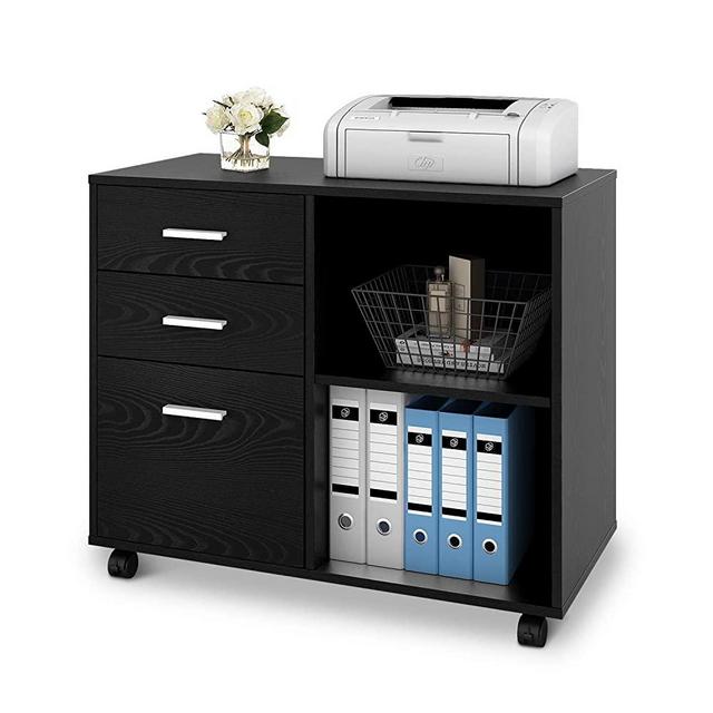 DEVAISE 3-Drawer Wood File Cabinet, Mobile Lateral Filing Cabinet, Printer Stand with Open Storage Shelves for Home Office, Black