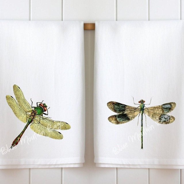2 Dragonfly Bathroom Hand Tea Towels Green Dragonfly cotton tea towels, hostess gift, dragonfly flour sack, dragonfly gift, farmhouse decor