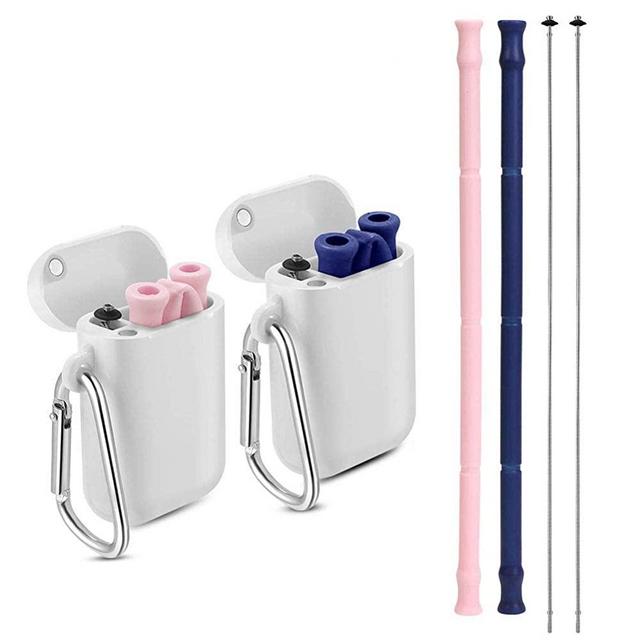 Yoocaa Reusable Silicone Collapsible Straws - 2 Pack Portable Drinking Straw with Colorful Carrying Case and Cleaning Brush, BPA Free - Pink Blue