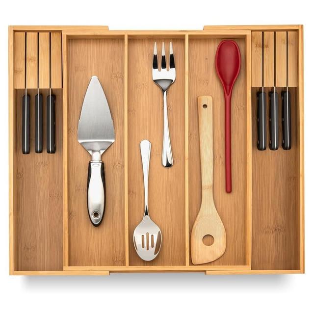 Purawood Large Premium Bamboo Silverware Organizer with Knife Blocks - Expandable Drawer Organizer 17.5"x19.75" - Cutlery Tray with Dividers for Kitchen Utensils & Flatware (3-5 Slots) (Natural)