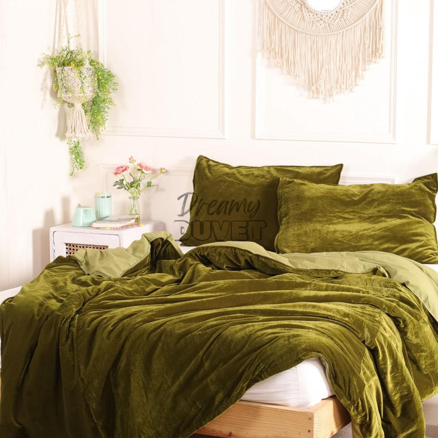 Velvet Light Green Duvet Cover Set Soft Bedding, Velvet Comforter Cover Bedspread and Pillowcase Cover