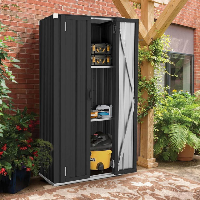 AECOJOY Outdoor Storage Cabinet, Outdoor Cabinets Waterproof with Shelves, Vertical Tall Garden Outdoor Cabinet, Sheds & Outdoor Storage Clearance Cabinet Weatherproof for Outside in Dark Grey