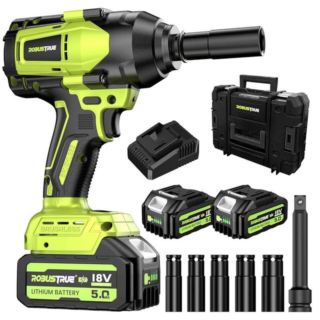 1200Nm (860ft-lbs) Cordless Impact Wrench, 1/2 High Torque Brushless Impact Gun, 2300RPM Power Impact Wrench, 2 x 5.0Ah Battery, Fast Charger, Pistola De Impacto for Heavy Duty Truck RV Mower