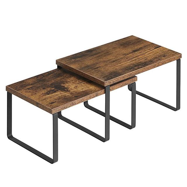 SONGMICS Cabinet Shelf Organizers, Set of 2 Countertop Organizers, Kitchen Counter Shelves, Stackable, Expandable, Metal and Particleboard, Rustic Brown and Black UKCS020X01