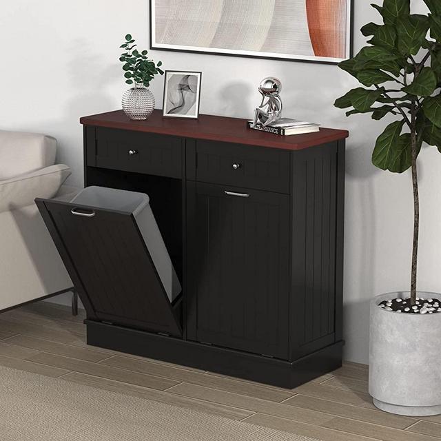 Betterhood Double Tilt Out Trash Cabinet 20 Gallon Wooden Free Standing Laundry Sorter Cabinet,Recycling Cabinet with Hideaway Drawer,Tilt Out Trash Cabinet Can Bin Kitchen (Black)