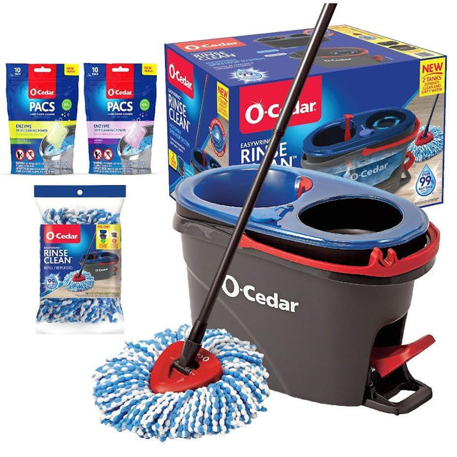 O-Cedar EasyWring RinseClean Microfiber Spin Mop & Bucket Floor Cleaning System with 1 Extra Refill with Citrus and Lavender Pacs (Variety Pack)