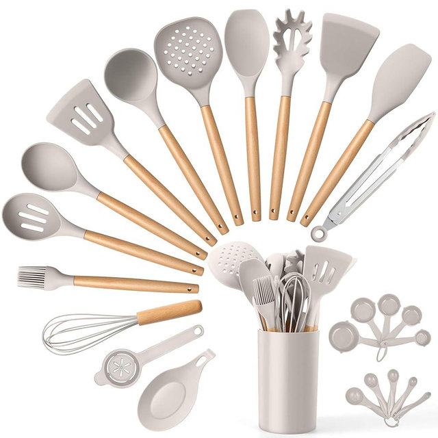 E-far Silicone Kitchen Utensils Set with Holder, 25-Piece Cooking Utensil Set with Wooden Handle for Nonstick Cookware, 446°F Heat Resistant Kitchen Tool Spatula Tong Whisk, Non-toxic & Healthy, Khaki