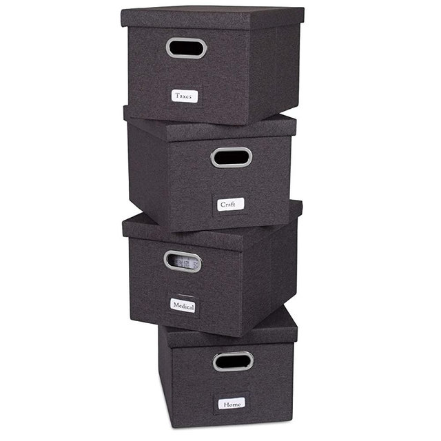 Internet's Best Collapsible File Storage Organizer with Lid - Decorative Linen Filing & Storage Office Box – Hanging Letter/Legal Folder – Home Office Bins Cabinet – Charcoal Container - 4 Pack