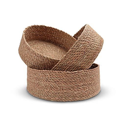 Woven Round Seagrass Basket Set for Home - 3 Decorative Storage Baskets for Organizing and Storage – Sustainable, Eco-Friendly Nesting Baskets with Cotton Dust Bag for Coastal and Beach Decor