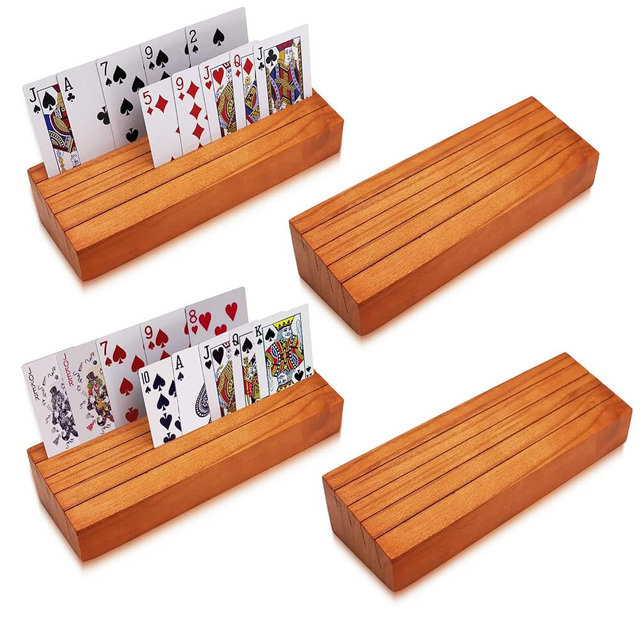 Iswabard Card Holders for Playing Cards Holder Stand Wood Playing Card Holder for Kids Canasta Holder for Adults Seniors Card Deck Crowns Uno Games Set of 4(Orange)