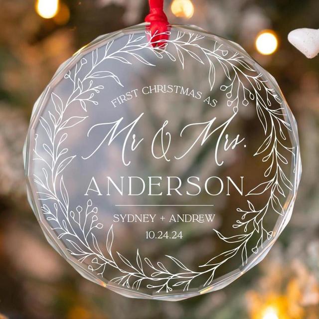 Personalized Our First Christmas As Mr And Mrs Married Ornament, Custom Beveled Crystal Glass Ornament, 2024 Newlyweds Wedding Gift