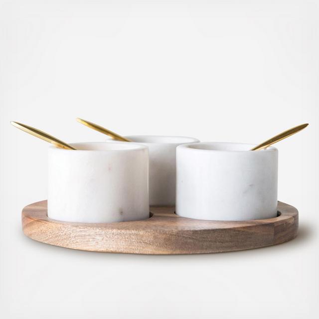 Bloomingville, Round Acacia Wood Board with 3 Marble Pinch Pots