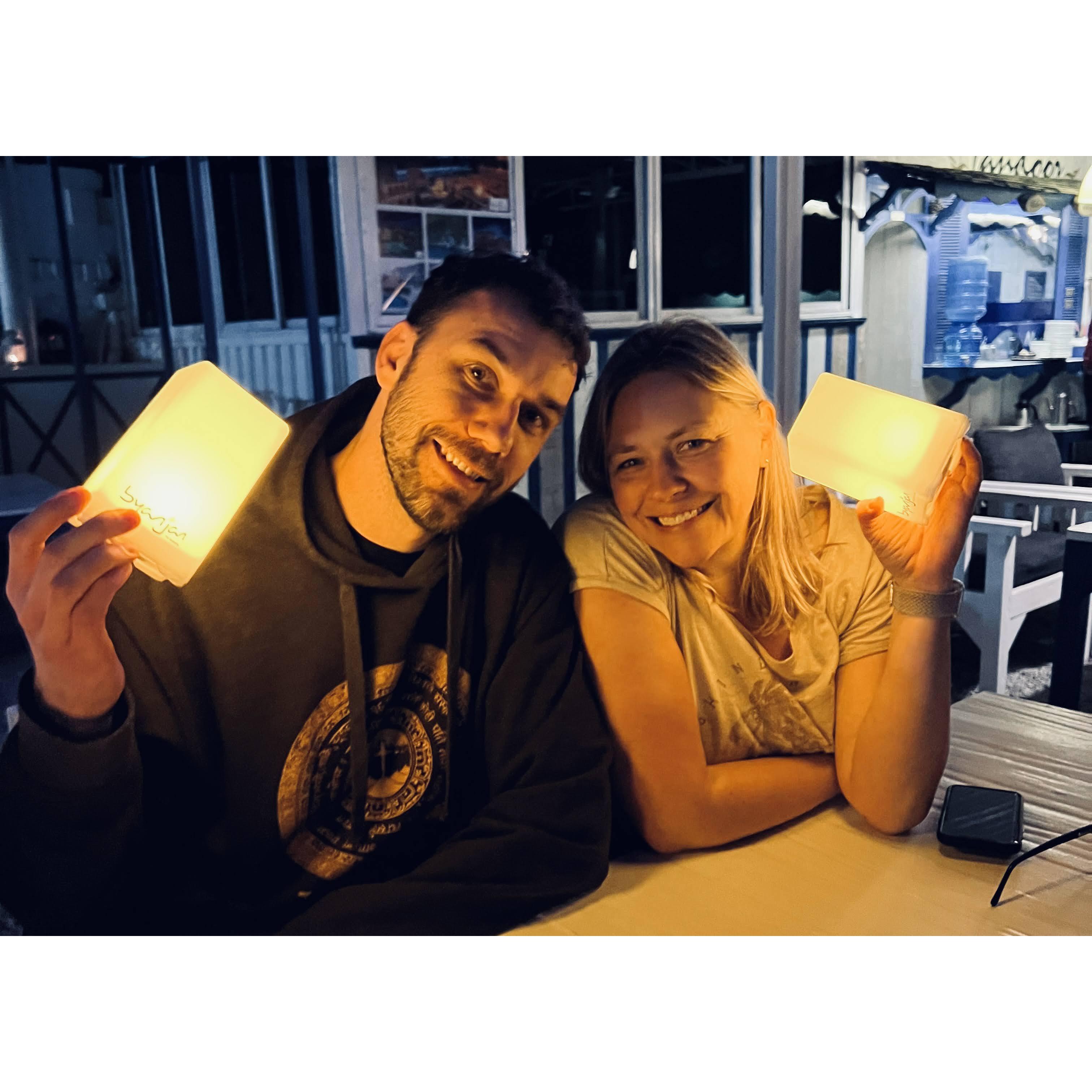 They might not be Michele's dream of floating lanterns, but these were a fun way to light the table at dinner in Pokhara Nepal.