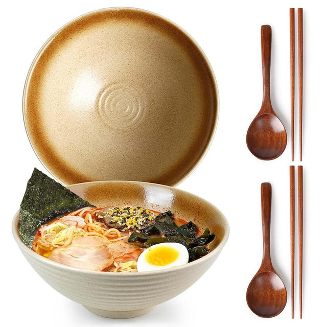 NUTRIUPS 8 Inch Ceramic Ramen Bowl Set of 2 Pho Bowls Japanese Noodle Udon Soup Bowls with Spoons and Chopsticks (Wheat Gold)