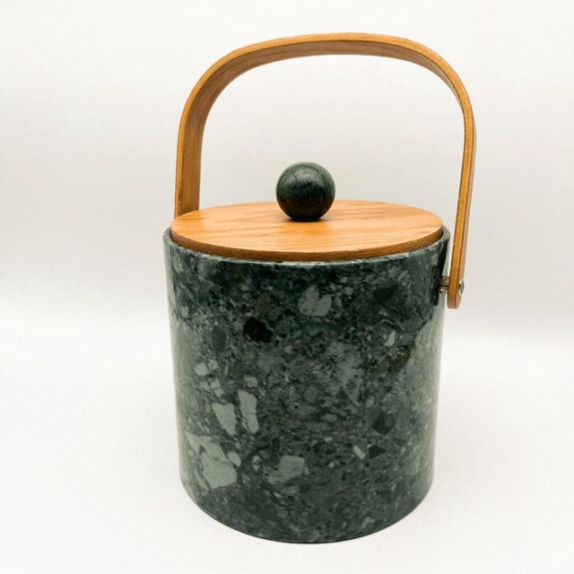 Vintage Himark Faux Marble Ice Bucket - Green, Wood Handle, Made in Taiwan MCM Midcentury Barware Drinkware Home Decor Dining Kitchen