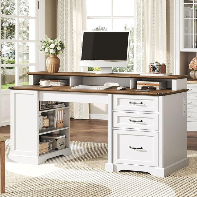 RALGEND 55'' Farmhouse Executive Desk with Drawers, Computer Desk with File Cabinet and Side Bookshelf, Writing Gaming Desk with Monitor Stand & Charging Station, White and Walnut