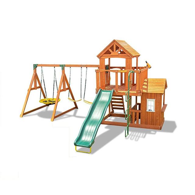 Sportspower Sandalwood Wood Swing Set with 3 Swings and Slide, Brown/Green/Yellow (WP-752R)