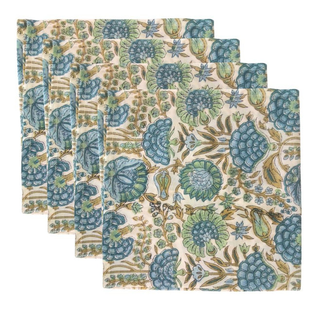 Ridhi Cloth Napkins Set of 4 Cotton Printed Dinner Block Print Napkins I Wedding Cocktail Cloth Floral Napkins I 18x18 in Asparagus Green