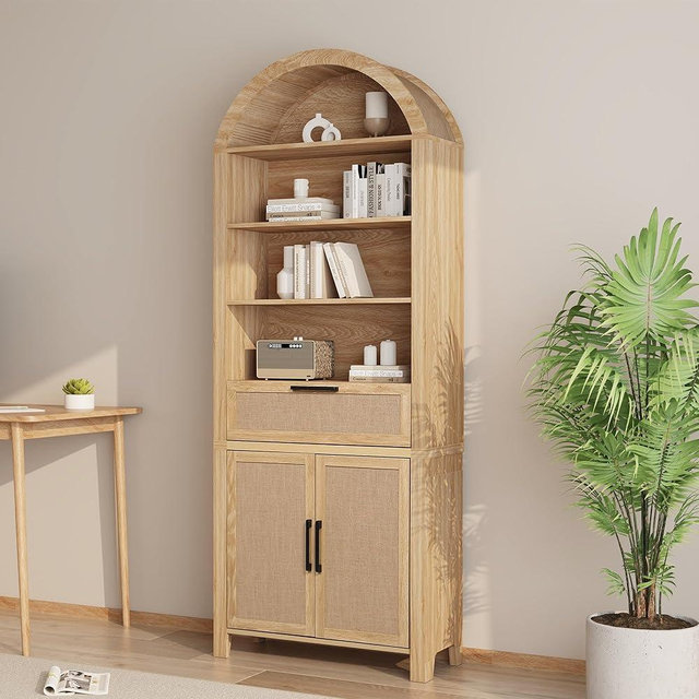 Janmer Home 79" Tall Arched Bookcase with Storage, Mid Century Modern 6-Tier Cabinet with Door and Drawer, Arched Bookshelf with Open Display Shelf for Office Living Room (Natural, 79inch-Doors)