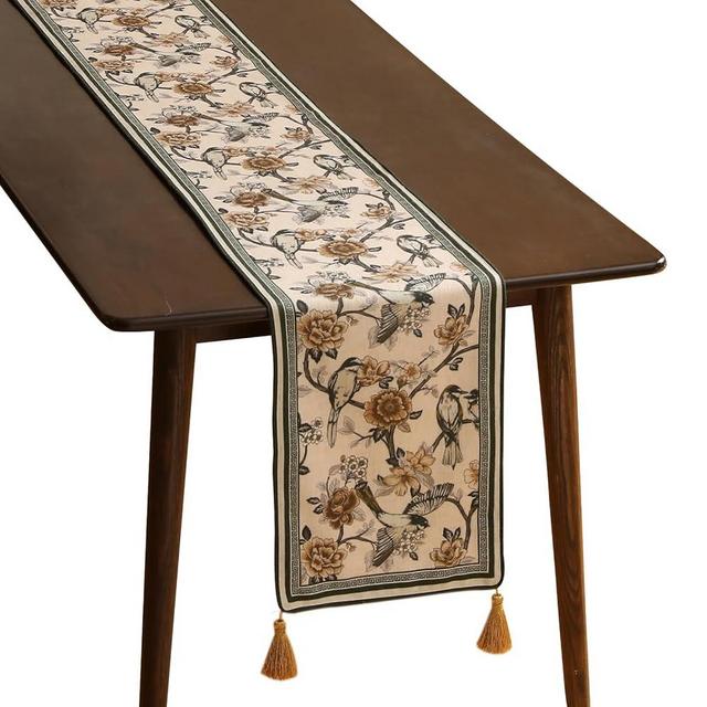 ISAENNE Designer Elegant Linen Table Runner 102 Inches, Vintage Yellow and White Floral Pattern Table Runners for Dining Tables,Decoration for Parties,Christmas,New Year,12"x102"