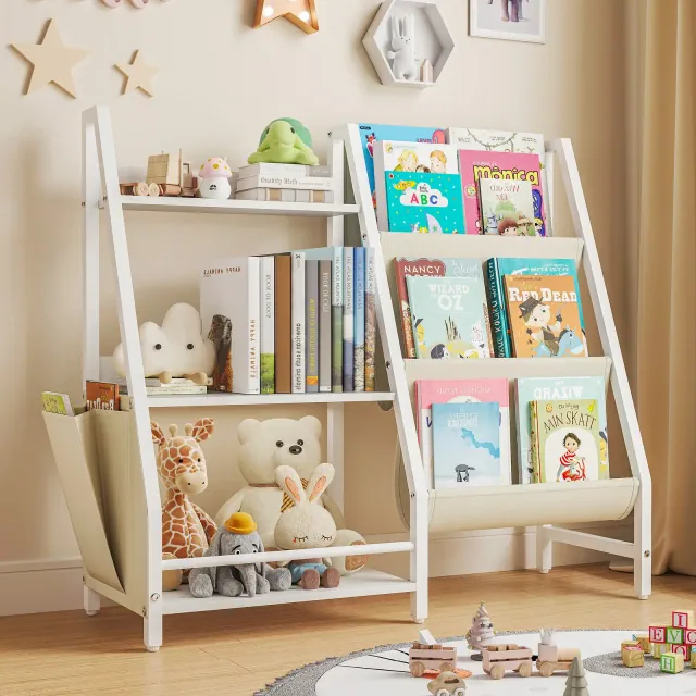 3-Tier Kids Bookshelf and Toy Organizer with Sling Fabric Pockets