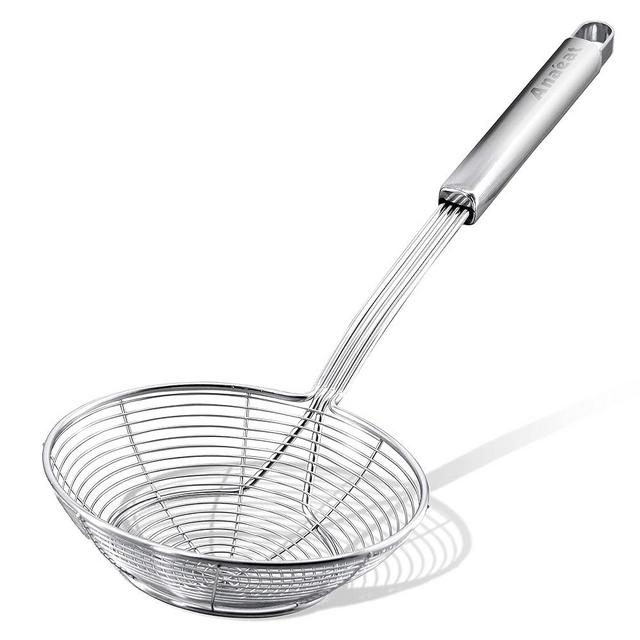 Anaeat Stainless Steel Spider Strainer Skimmer - Solid Kitchen Strainer Ladle with Long Handle for Cooking and Frying, Reinforced Double Coil Slotted Spoons for Pasta, Noodle, Spaghetti (5.5 Inch)