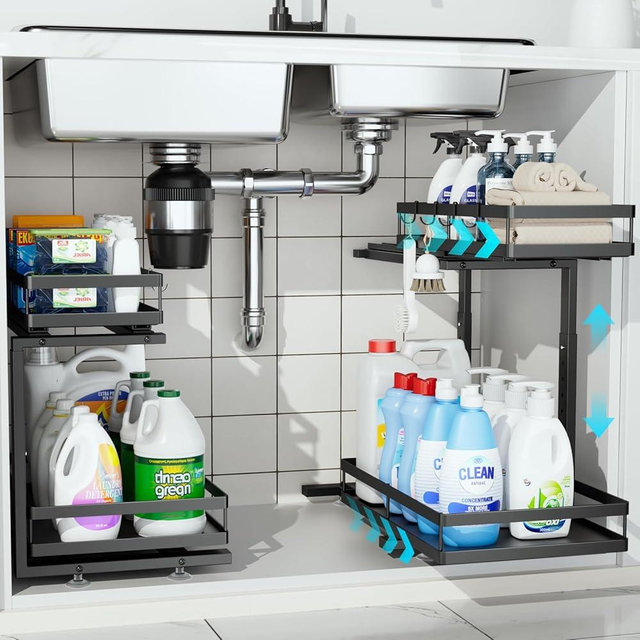 Under Sink Organizer, JCYLQ Dual-Rail Ball-Bearing, Under Kitchen Sink Organizer, 6-Level Adjustable, Under Cabinet Storage, No-Drill Adhesive/Suction, Under Sink Organizers and Storage (2-Pack)