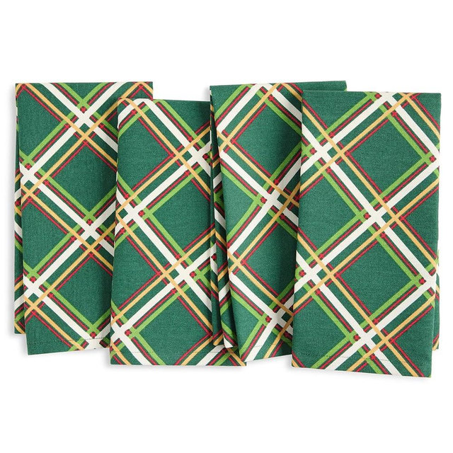 kate spade new york Acrobat Plaid Holiday Cloth Napkins 4-Pack Set, 100% Cotton, Machine Washable, Green/Red, 20"x20"